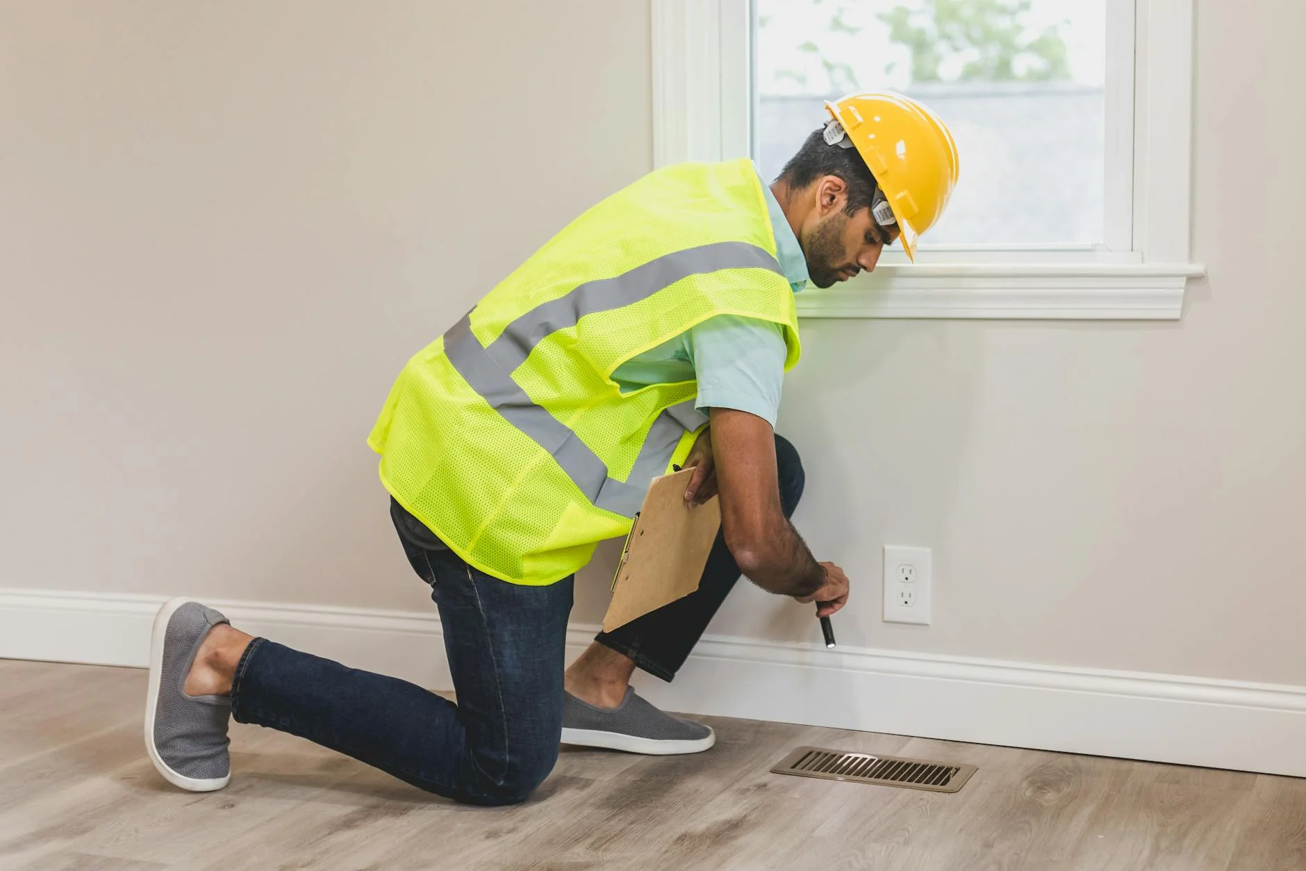 A subcontractor reviewing a lien waiver document on a clipboard at a construction job site